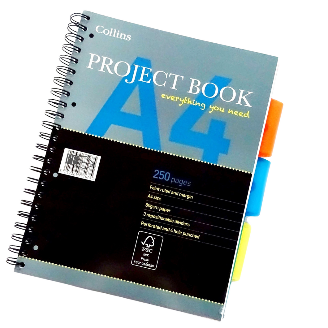Collins Project Book A4+ 250 Pages 3 Divider Pockets Ruled Punched Wiro Bound 64PBED